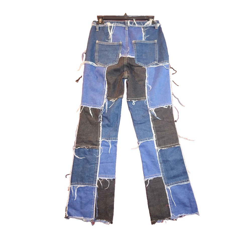 Patchwork Denim Jeans Womens XS Blue Black Raw Edge Straight Leg Y2K - Picture 3 of 4